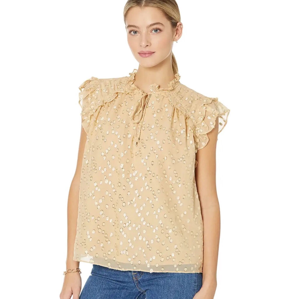 Marie Oliver Tate Metallic Gold Ruffle Sleeveless Blouse Flutter Sleeve